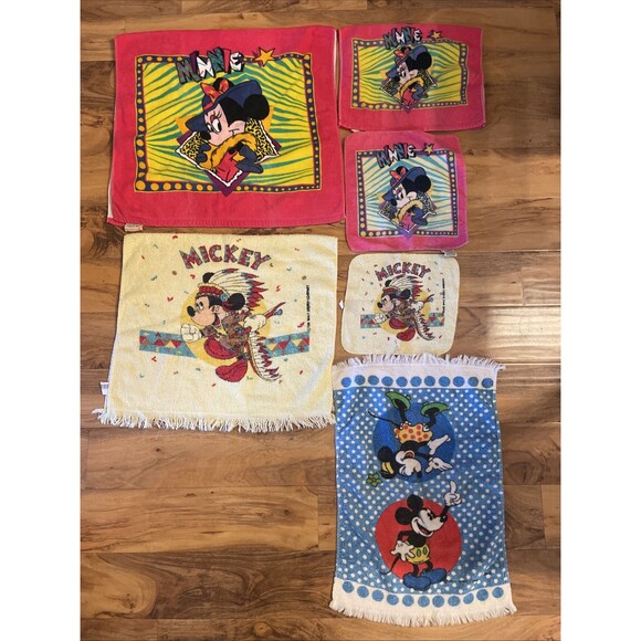 6 VTG Bath Hand Towel Lot Mickey Minnie Mouse Walt Disney Towel Set Colorful - Picture 1 of 8